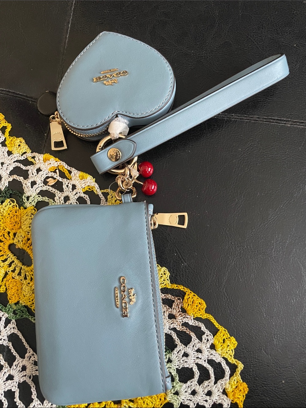 Coach Light Blue Leather Wristlet with Heart Coin Pouch